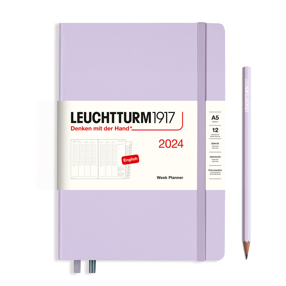 An image of a lilac planner with a lilac elastic band holding it together and a cream paper wrap around the middle stating the business name Leuchtturm1917, that it is for the year 2024, it is a week planner, is A5 in size and an English language version. It has an image on the wrap showing the inside layout which is a week across 2 pages set out as appointments. A lilac pencil is shown at the side of the planner.