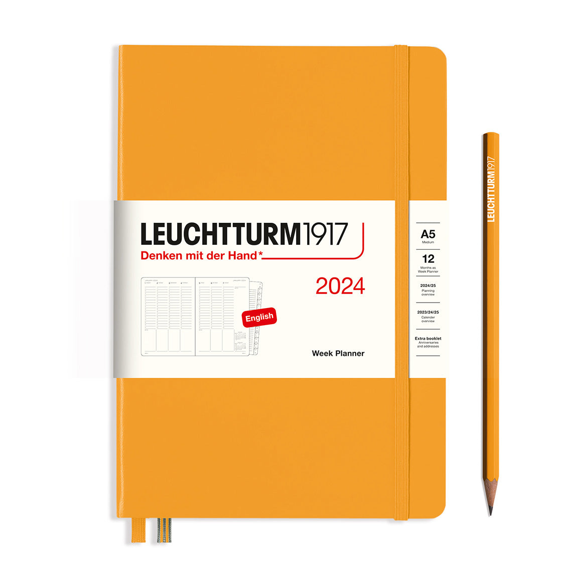 An image of an orange planner with an orange elastic band holding it together and a cream paper wrap around the middle stating the business name Leuchtturm1917, that it is for the year 2024, it is a week planner, is A5 in size and an English language version. It has an image on the wrap showing the inside layout which is a week across 2 pages set out as appointments. An orange pencil is shown at the side of the planner.
