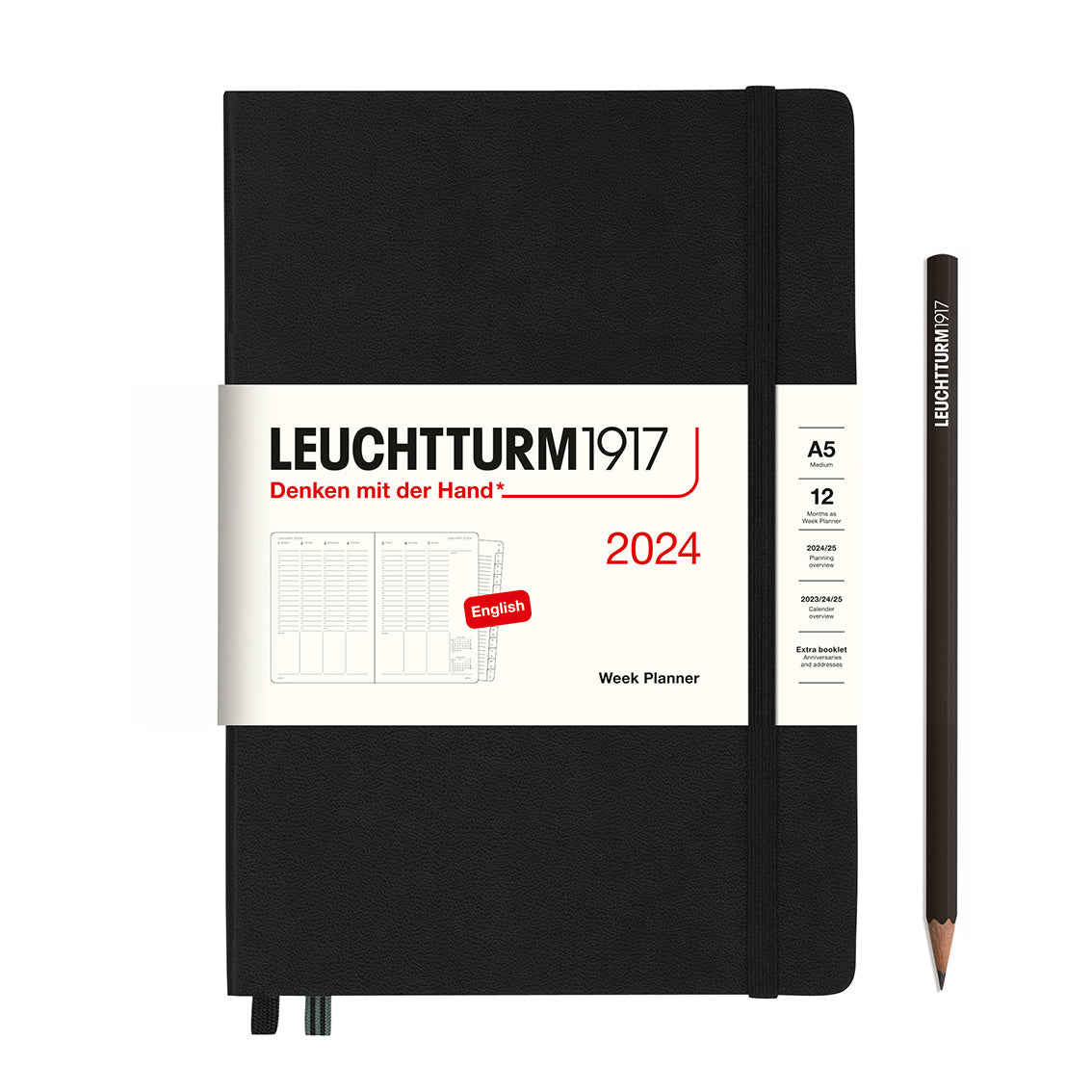 An image of a black planner with a black elastic band holding it together and a cream paper wrap around the middle stating the business name Leuchtturm1917, that it is for the year 2024, it is a week planner, is A5 in size and an English language version. It has an image on the wrap showing the inside layout which is a week across 2 pages set out as appointments. A black pencil is shown at the side of the planner.