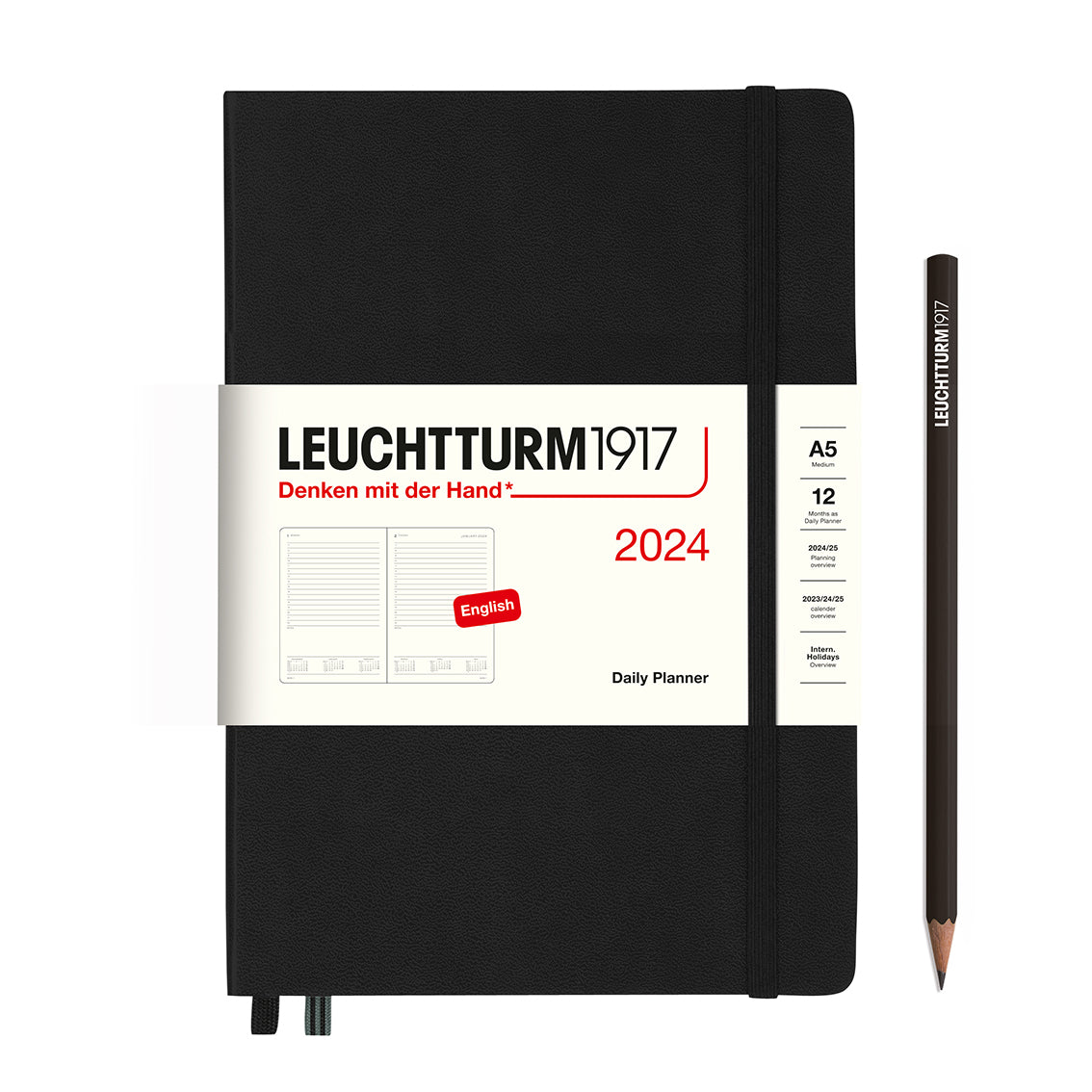 An image of a black planner with a black elastic band holding it together and a cream paper wrap around the middle stating the business name Leuchtturm1917, that it is for the year 2024, it is a daily planner, is A5 in size and an English language version. It has an image on the wrap showing the inside layout which is 1 day per page. A black pencil is shown at the side of the planner.