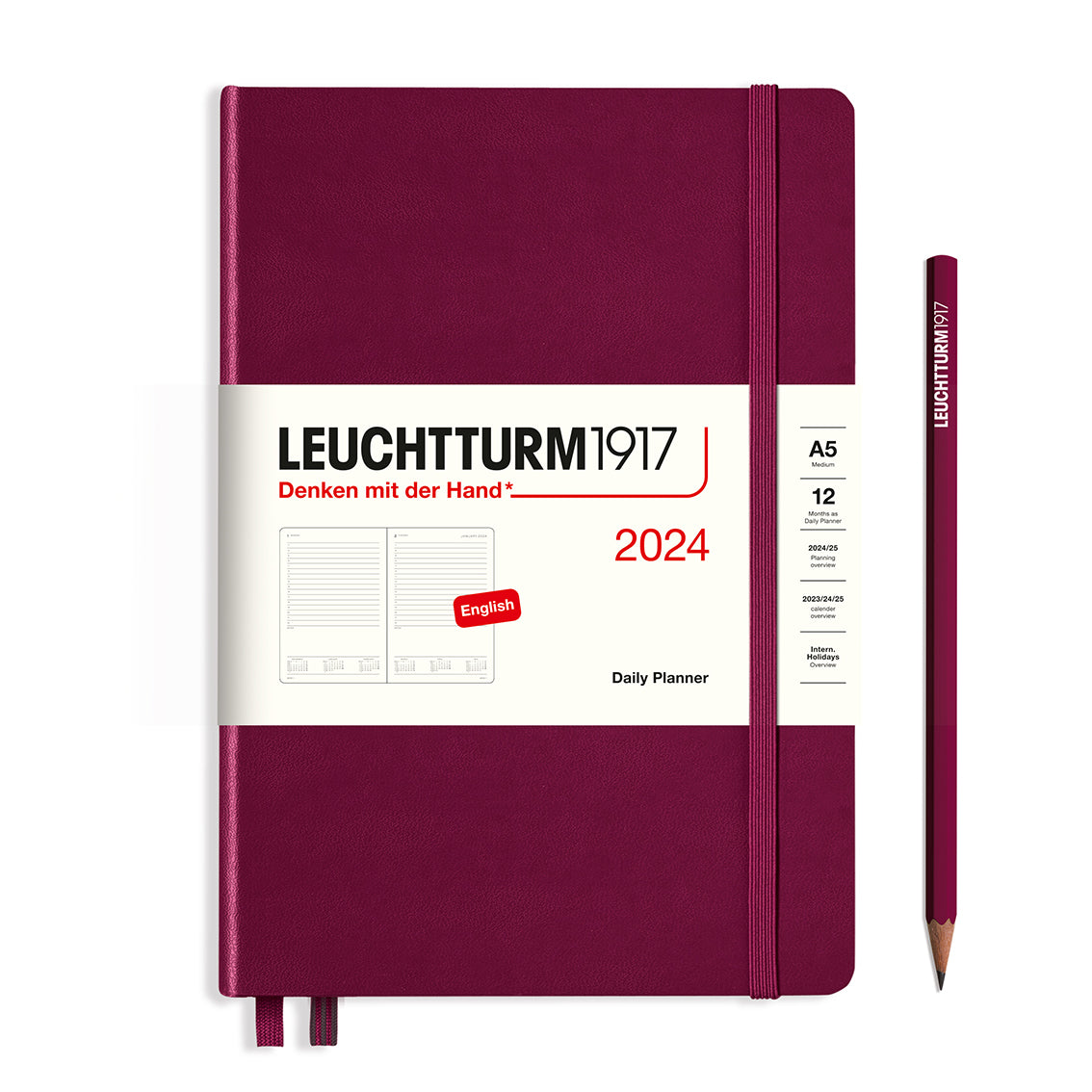 An image of a port red planner with a port red elastic band holding it together and a cream paper wrap around the middle stating the business name Leuchtturm1917, that it is for the year 2024, it is a daily planner, is A5 in size and an English language version. It has an image on the wrap showing the inside layout which is 1 day per page. A port red pencil is shown at the side of the planner.