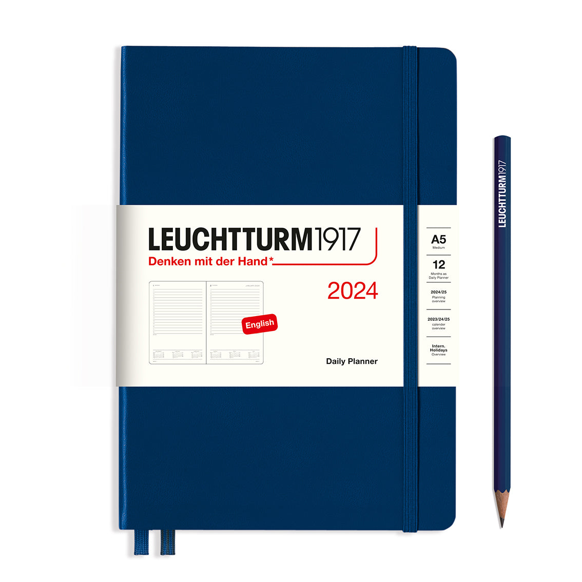 An image of a navy planner with a navy elastic band holding it together and a cream paper wrap around the middle stating the business name Leuchtturm1917, that it is for the year 2024, it is a daily planner, is A5 in size and an English language version. It has an image on the wrap showing the inside layout which is 1 day per page. A navy pencil is shown at the side of the planner.