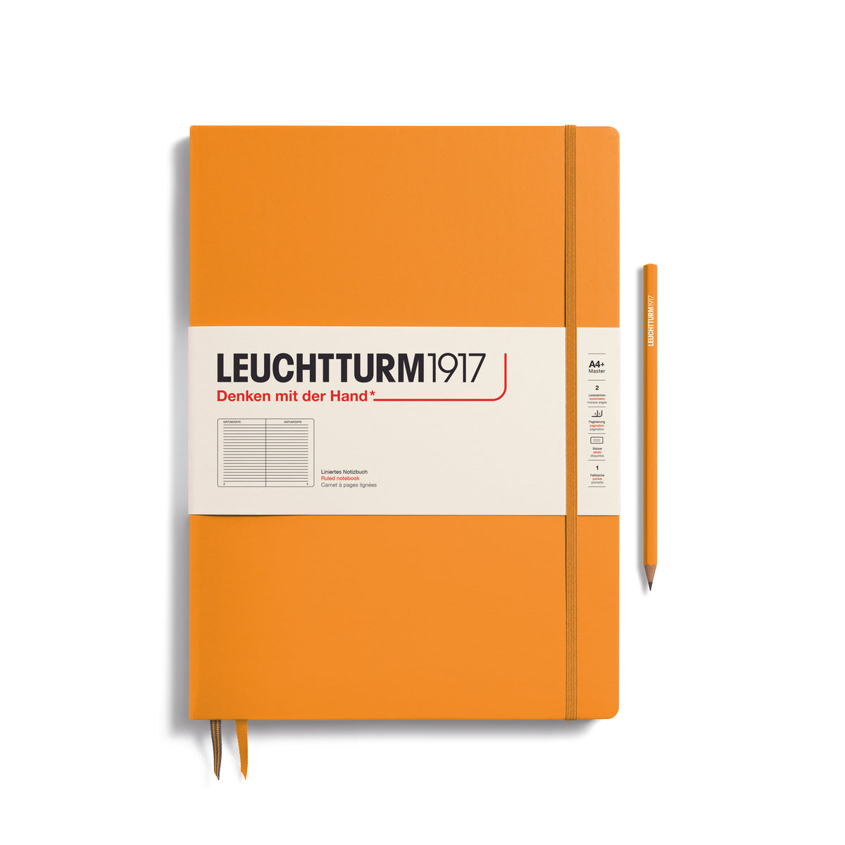A large rising sun orange colour notebook with a white paper band around it with the logo of the brand Leuchtturm1917. Below this is an image of the page ruling inside - in this case, ruled. It has two page marker ribbons showing at the bottom near the binding and a matching colour elastic notebook closure holding it neatly together. A rising sun colour LEUCHTTURM1917 pencil is shown at the side of the book for size reference.