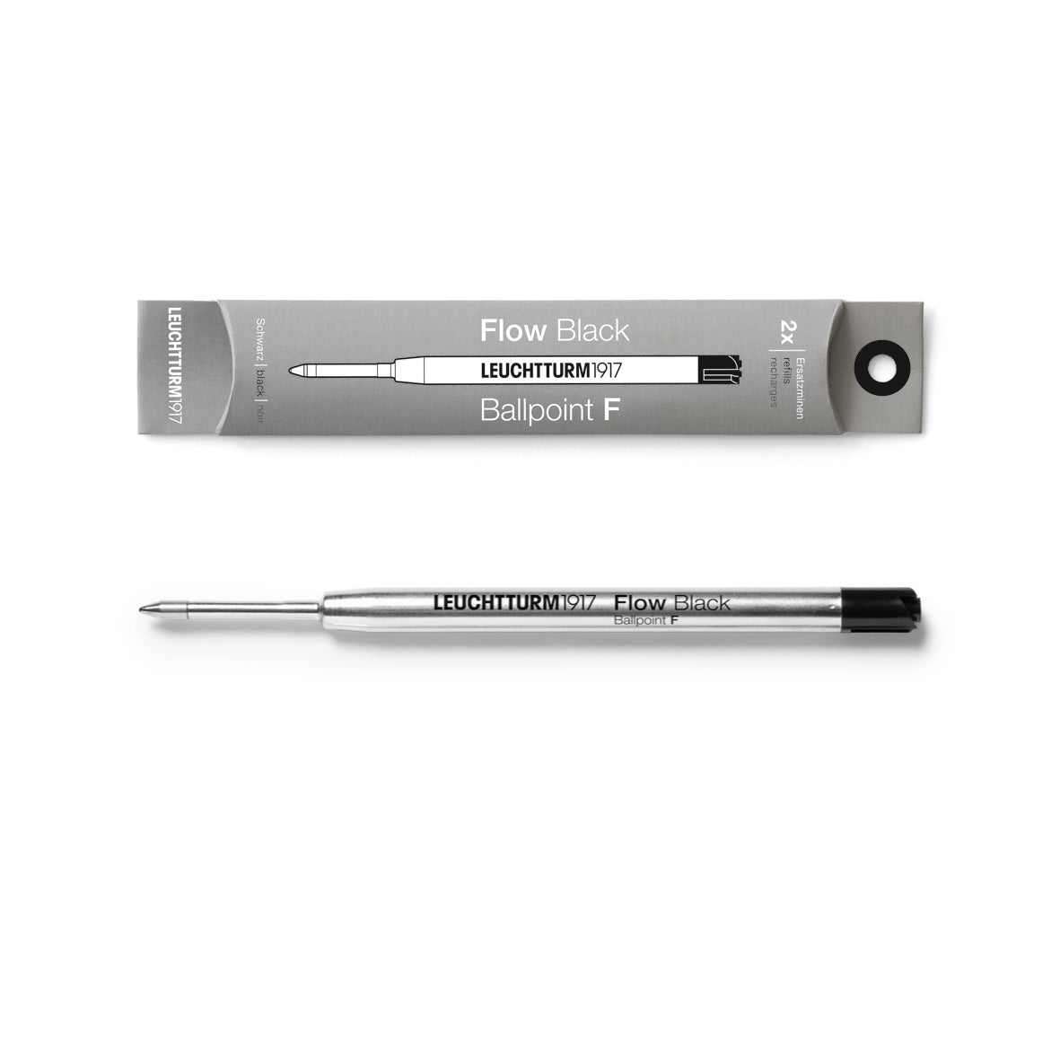 Leuchtturm1917 ballpoint pen refill F in black with packaging on a white background