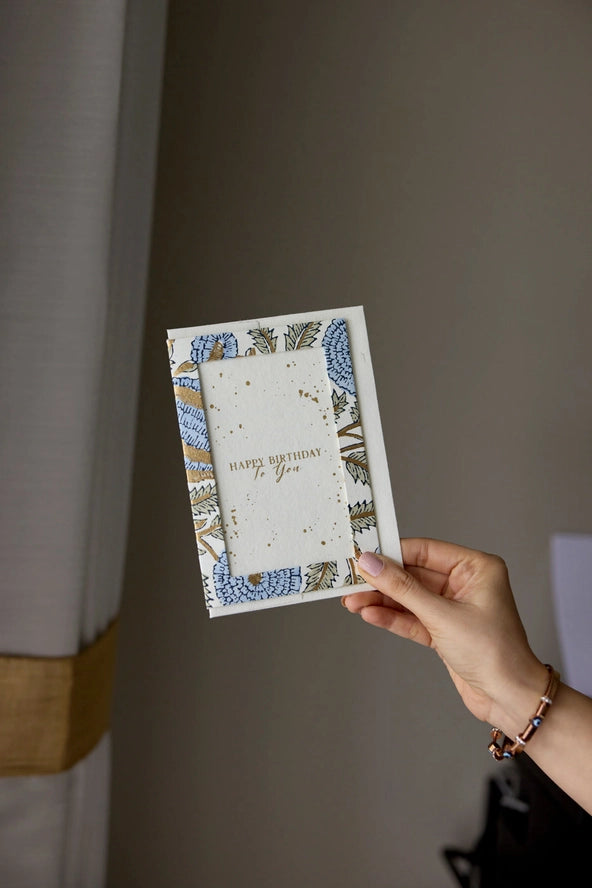 Keepsake Block Printed Photo Frame Birthday Card - Marigold Blue Stone