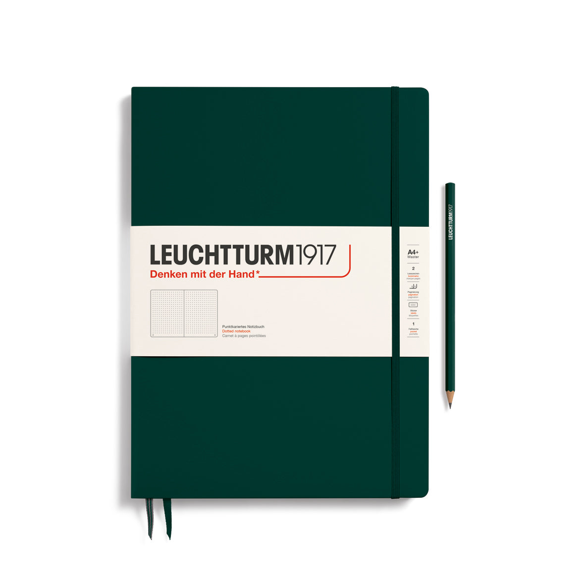A large forest green colour notebook with a white paper band around it with the logo of the brand Leuchtturm1917. Below this is an image of the page ruling inside - in this case, dotted. It has two page marker ribbons showing at the bottom near the binding and a matching colour elastic notebook closure holding it neatly together. A forest green colour LEUCHTTURM1917 pencil is shown at the side of the book for size reference.