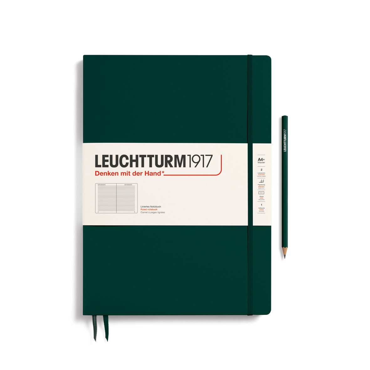 A large forest green colour notebook with a white paper band around it with the logo of the brand Leuchtturm1917. Below this is an image of the page ruling inside - in this case, ruled. It has two page marker ribbons showing at the bottom near the binding and a matching colour elastic notebook closure holding it neatly together. A forest green colour LEUCHTTURM1917 pencil is shown at the side of the book for size reference.