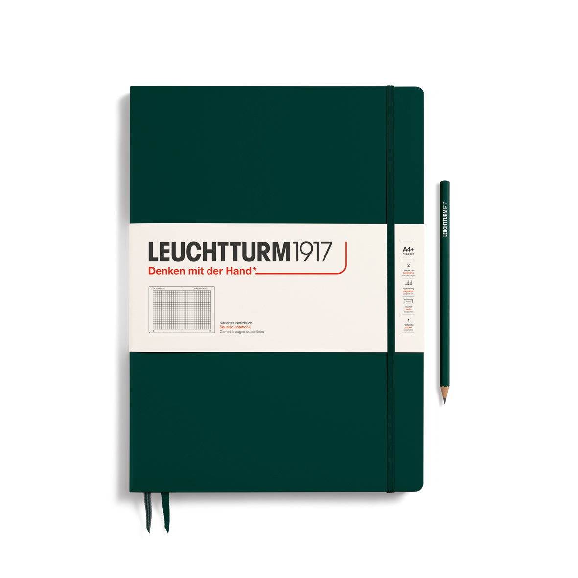 A large forest green colour notebook with a white paper band around it with the logo of the brand Leuchtturm1917. Below this is an image of the page ruling inside - in this case, squared. It has two page marker ribbons showing at the bottom near the binding and a matching colour elastic notebook closure holding it neatly together. A forest green colour LEUCHTTURM1917 pencil is shown at the side of the book for size reference.
