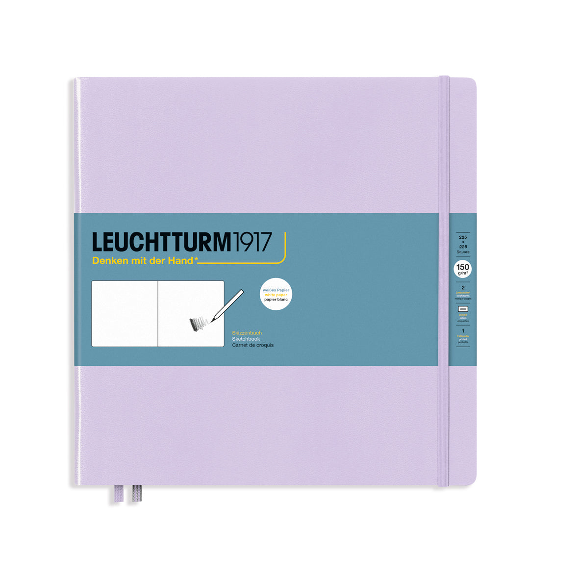 LEUCHTTURM1917 Sketchbook in lilac square showing paper band with product details by penny black