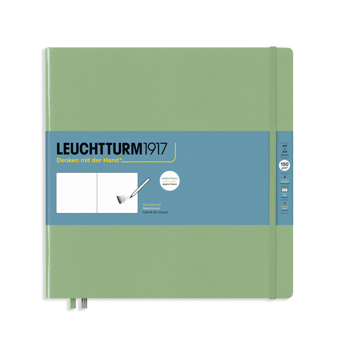 LEUCHTTURM1917 Sketchbook in sage square showing paper band with product details by penny black