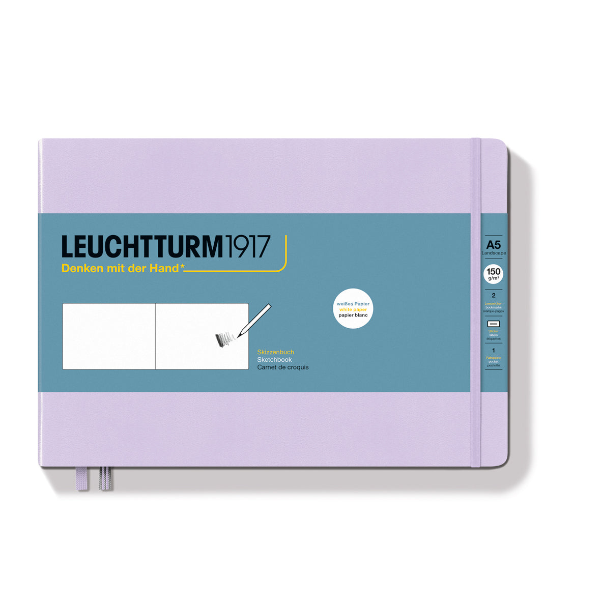 LEUCHTTURM1917 Sketchbook in lilac landscape A5, showing paper band with product details by penny black