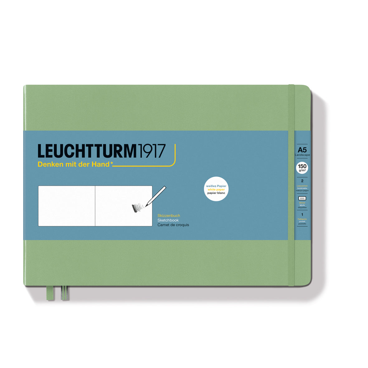 LEUCHTTURM1917 Sketchbook in sage landscape A5, showing paper band with product details by penny black