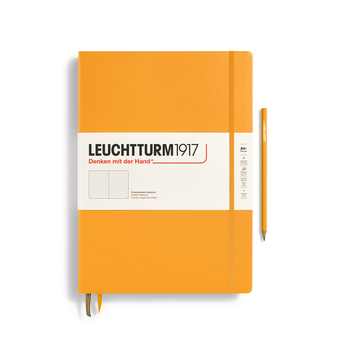 A large rising sun colour notebook with a white paper band around it with the logo of the brand Leuchtturm1917. Below this is an image of the page ruling inside - in this case, dotted. It has two page marker ribbons showing at the bottom near the binding and an elastic notebook closure holding it neatly together. A rising sun colour Leuchtturm pencil is shown at the side of the book.