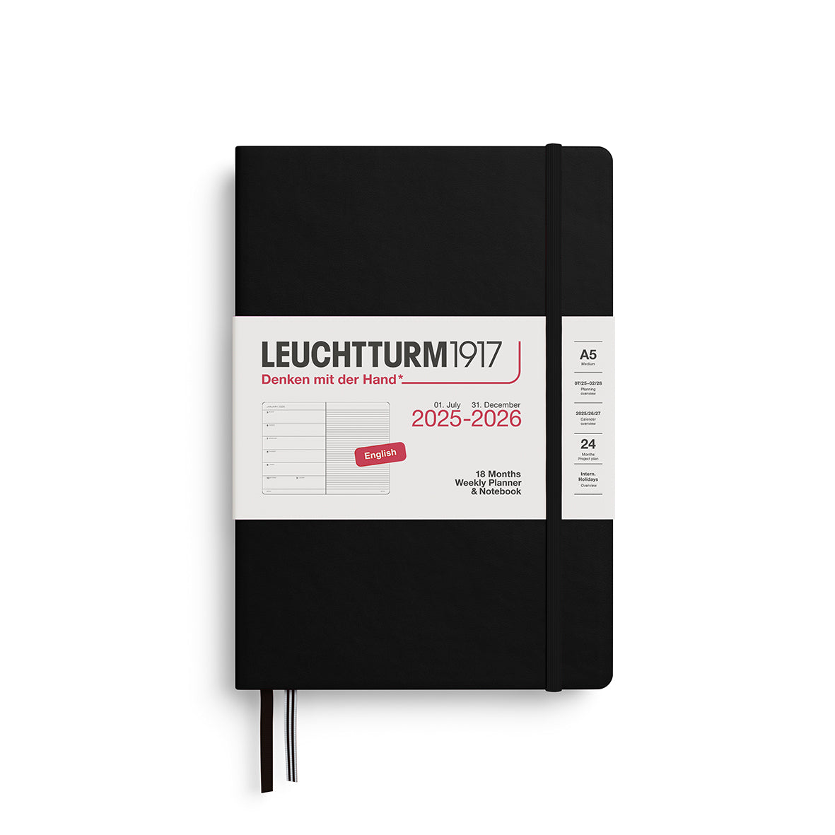 LEUCHTTURM1917 Weekly Planner &amp; Notebook 18 Months Medium A5 2025/6 with a black colour hardcover at penny black