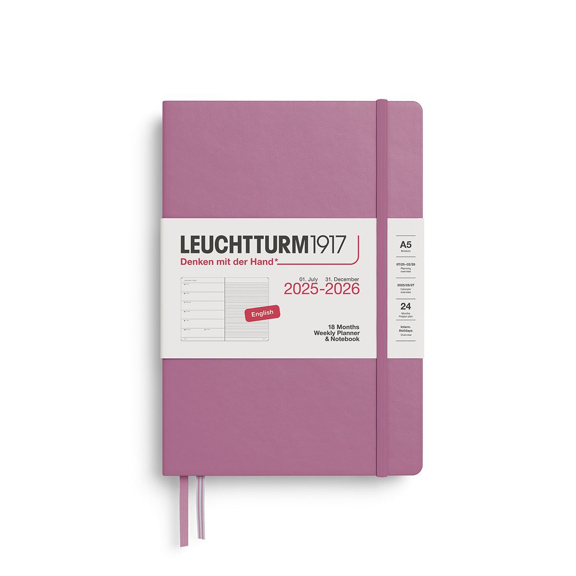 LEUCHTTURM1917 Weekly Planner &amp; Notebook 18 Months Medium A5 2025/6 with a dusty rose colour hardcover at penny black