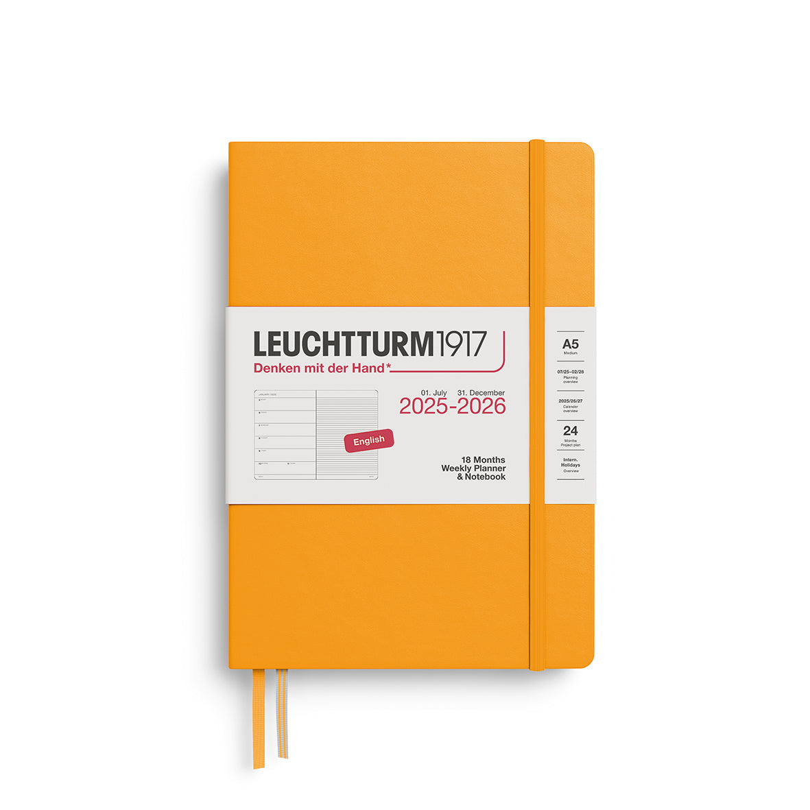 LEUCHTTURM1917 Weekly Planner &amp; Notebook 18 Months Medium A5 2025/6 with a rising sun colour hardcover at penny black