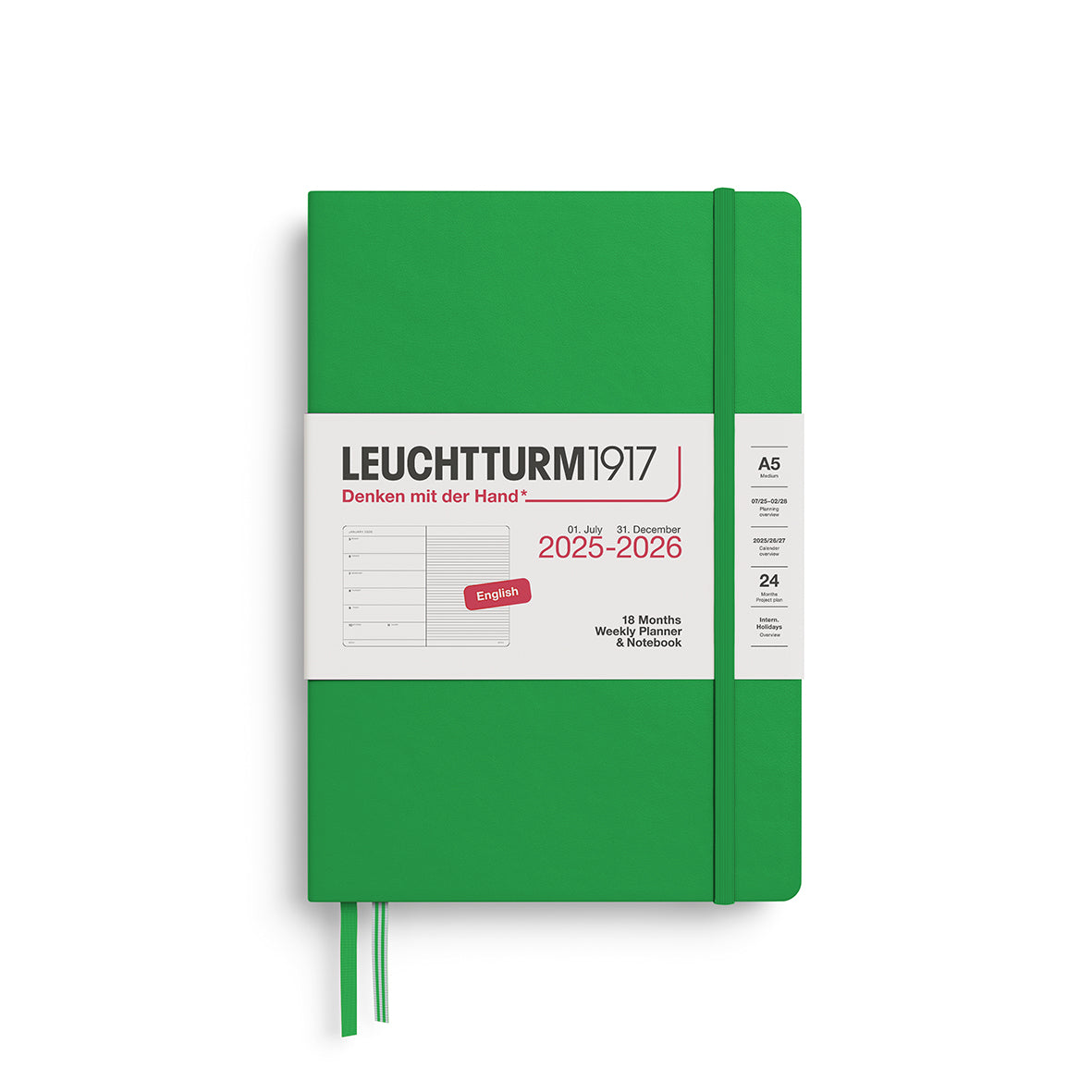 LEUCHTTURM1917 Weekly Planner &amp; Notebook 18 Months Medium A5 2025/6 with a spring green colour hardcover at penny black
