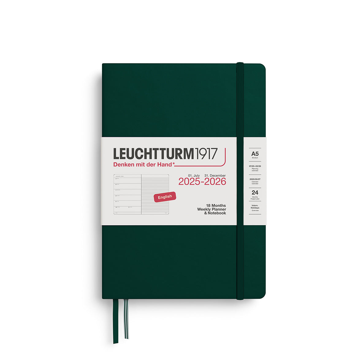 LEUCHTTURM1917 Weekly Planner &amp; Notebook 18 Months Medium A5 2025/6 with a forest green colour hardcover at penny black