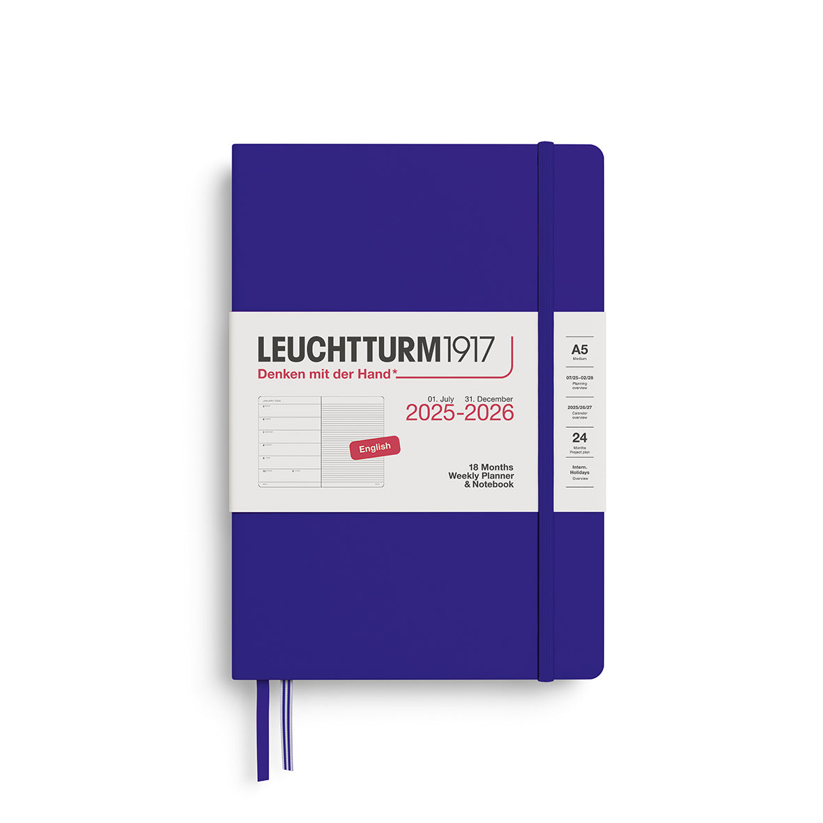 LEUCHTTURM1917 Weekly Planner &amp; Notebook 18 Months Medium A5 2025/6 with an ink colour hardcover at penny black