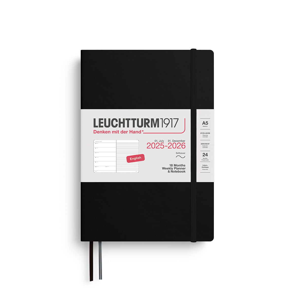 LEUCHTTURM1917 Weekly Planner &amp; Notebook 18 Months Medium A5 2025/6 with a black colour softcover at penny black