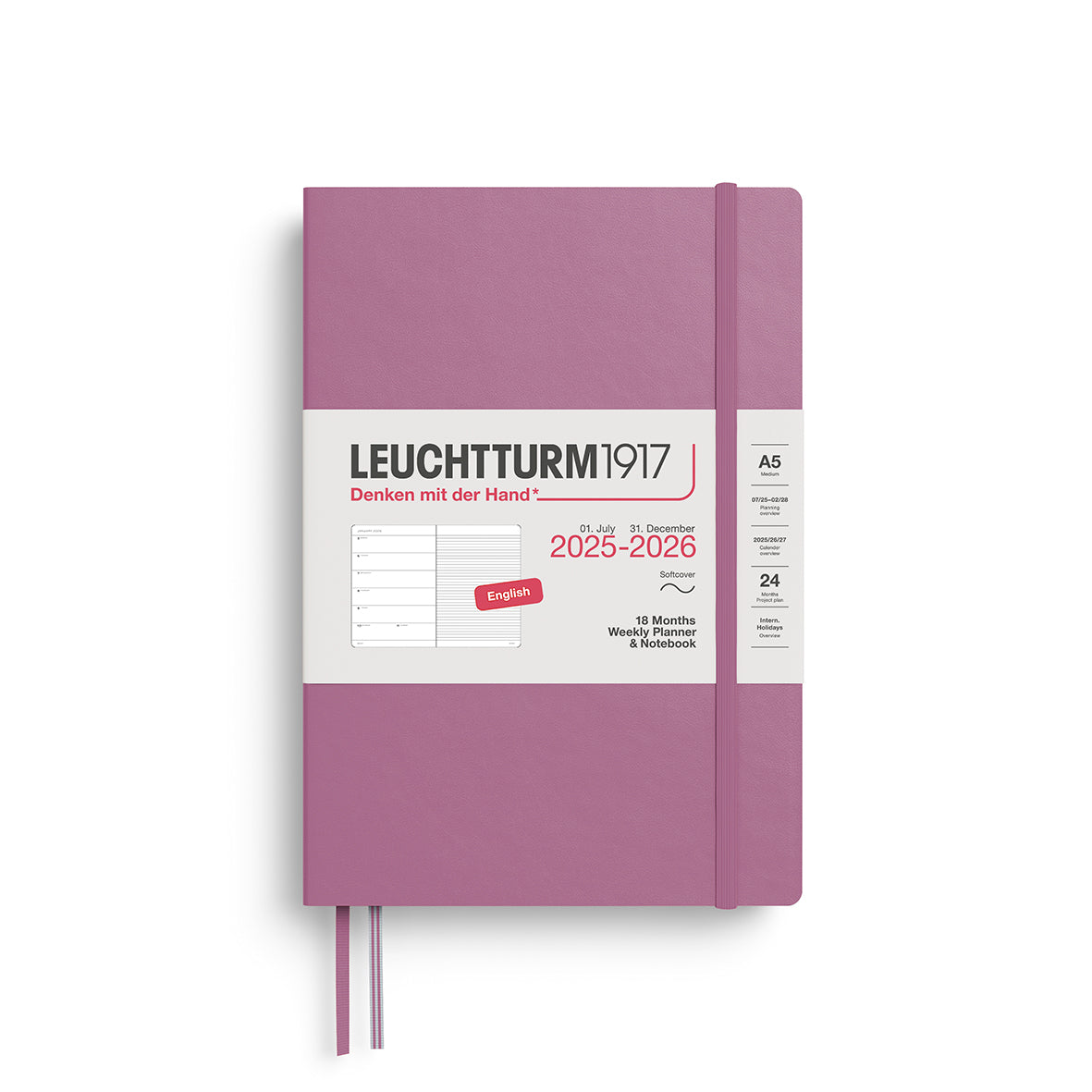 LEUCHTTURM1917 Weekly Planner &amp; Notebook 18 Months Medium A5 2025/6 with a dusty rose colour softcover at penny black