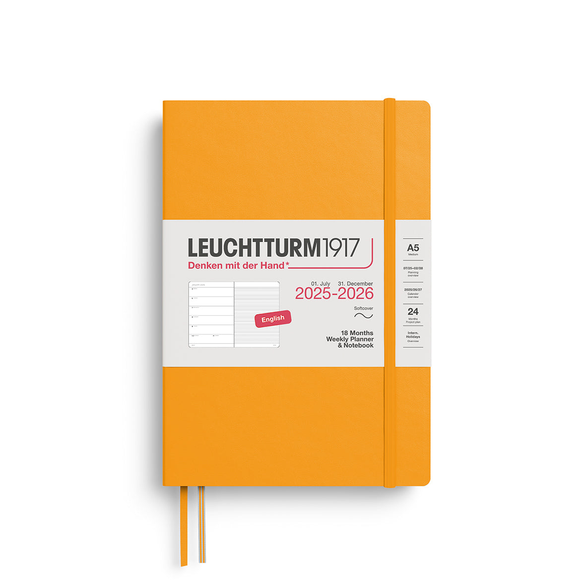 LEUCHTTURM1917 Weekly Planner &amp; Notebook 18 Months Medium A5 2025/6 with a rising sun colour softcover at penny black