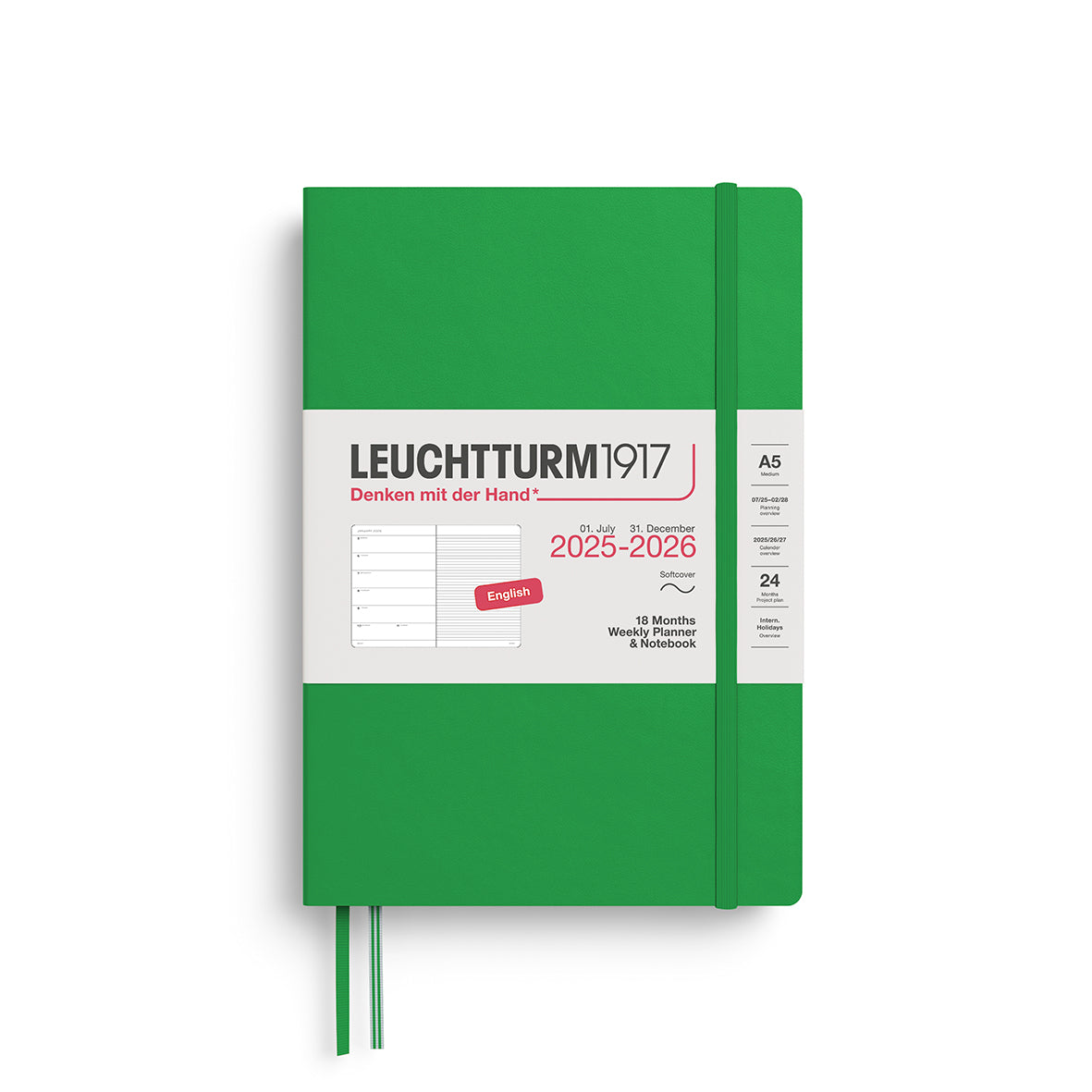 LEUCHTTURM1917 Weekly Planner &amp; Notebook 18 Months Medium A5 2025/6 with a spring green colour softcover at penny black