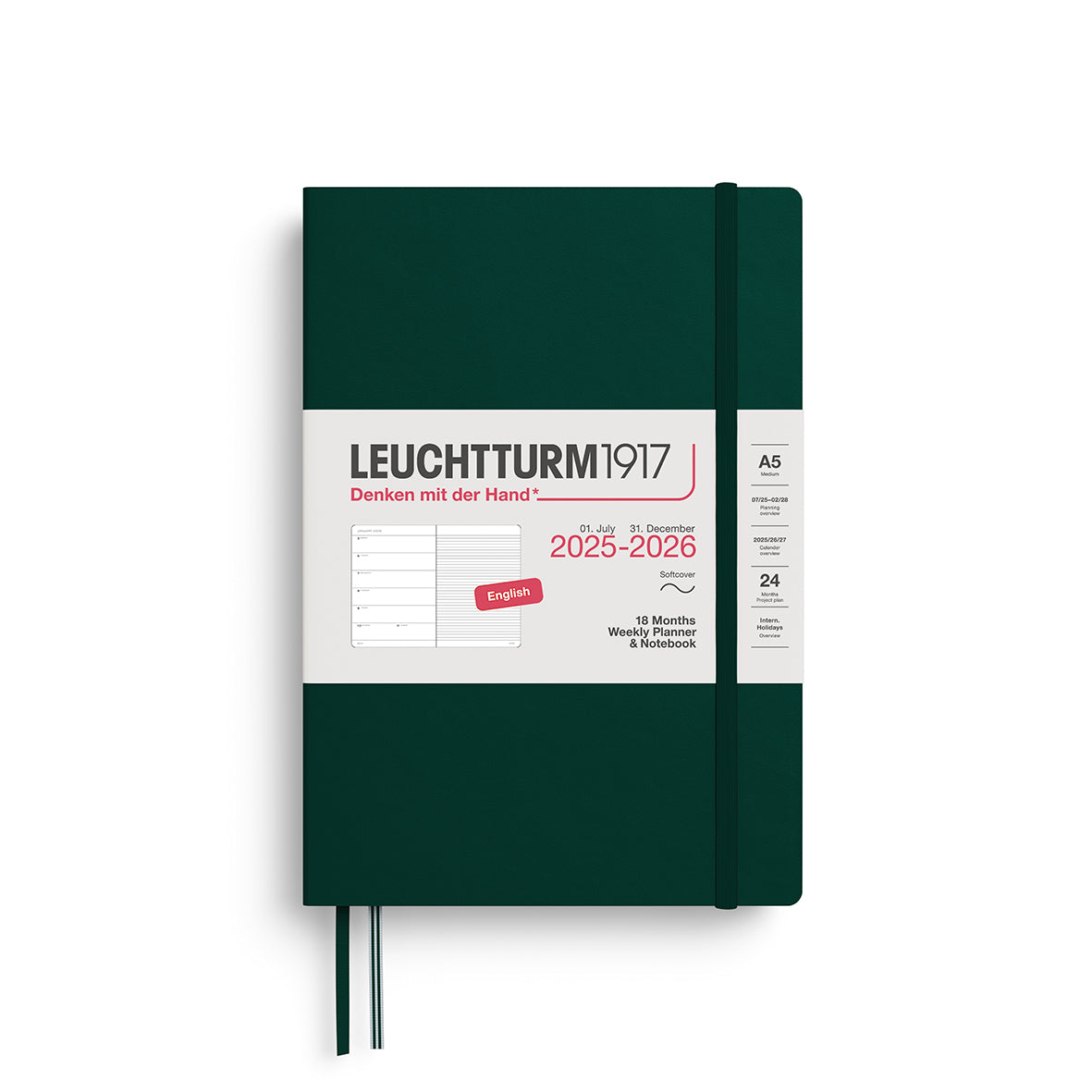 LEUCHTTURM1917 Weekly Planner &amp; Notebook 18 Months Medium A5 2025/6 with a forest green colour softcover at penny black