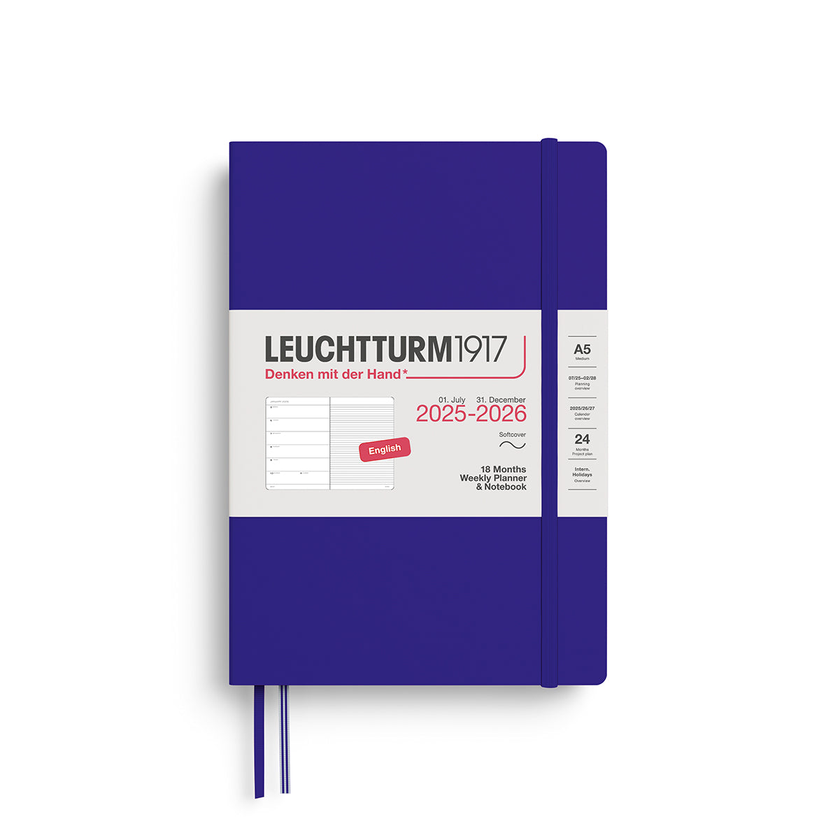 LEUCHTTURM1917 Weekly Planner & Notebook 18 Months Medium A5 2025/6 with an ink coloured softcover at penny black