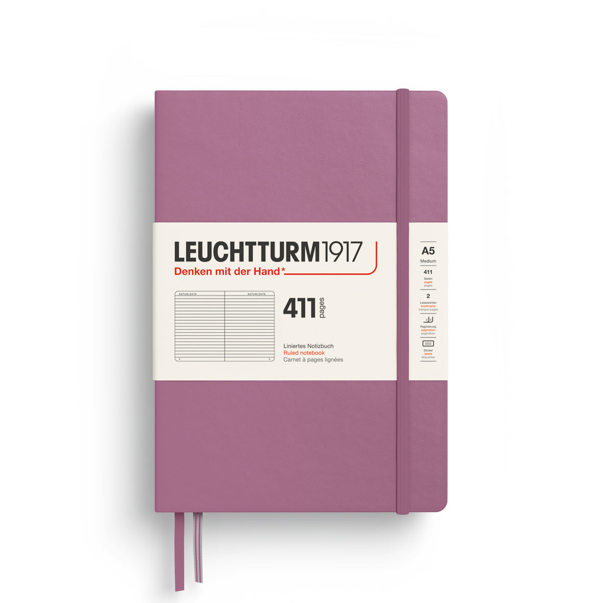 LEUCHTTURM1917 Notebook 411 Medium (A5) Hardcover in dusty rose with ruled inside ruling - penny black
