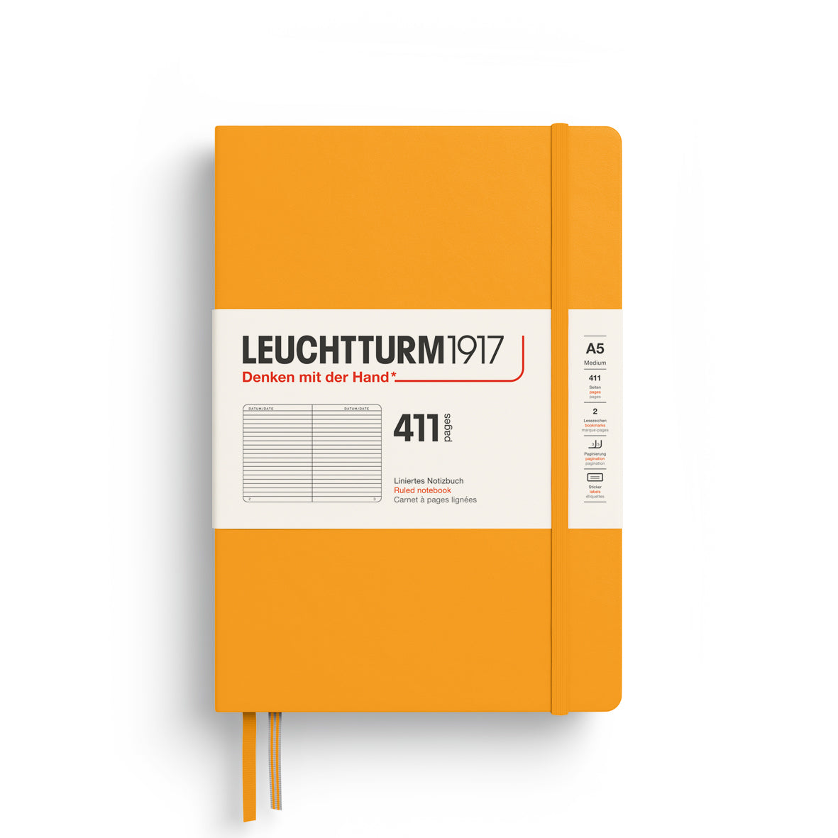 LEUCHTTURM1917 Notebook 411 Medium (A5) Hardcover in rising sun with ruled inside ruling - penny black