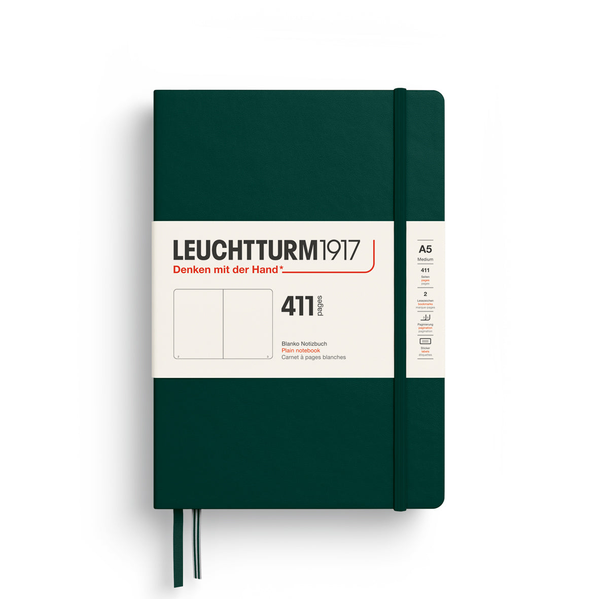 LEUCHTTURM1917 Notebook 411 Medium (A5) Hardcover in forest green with plain inside ruling - penny black