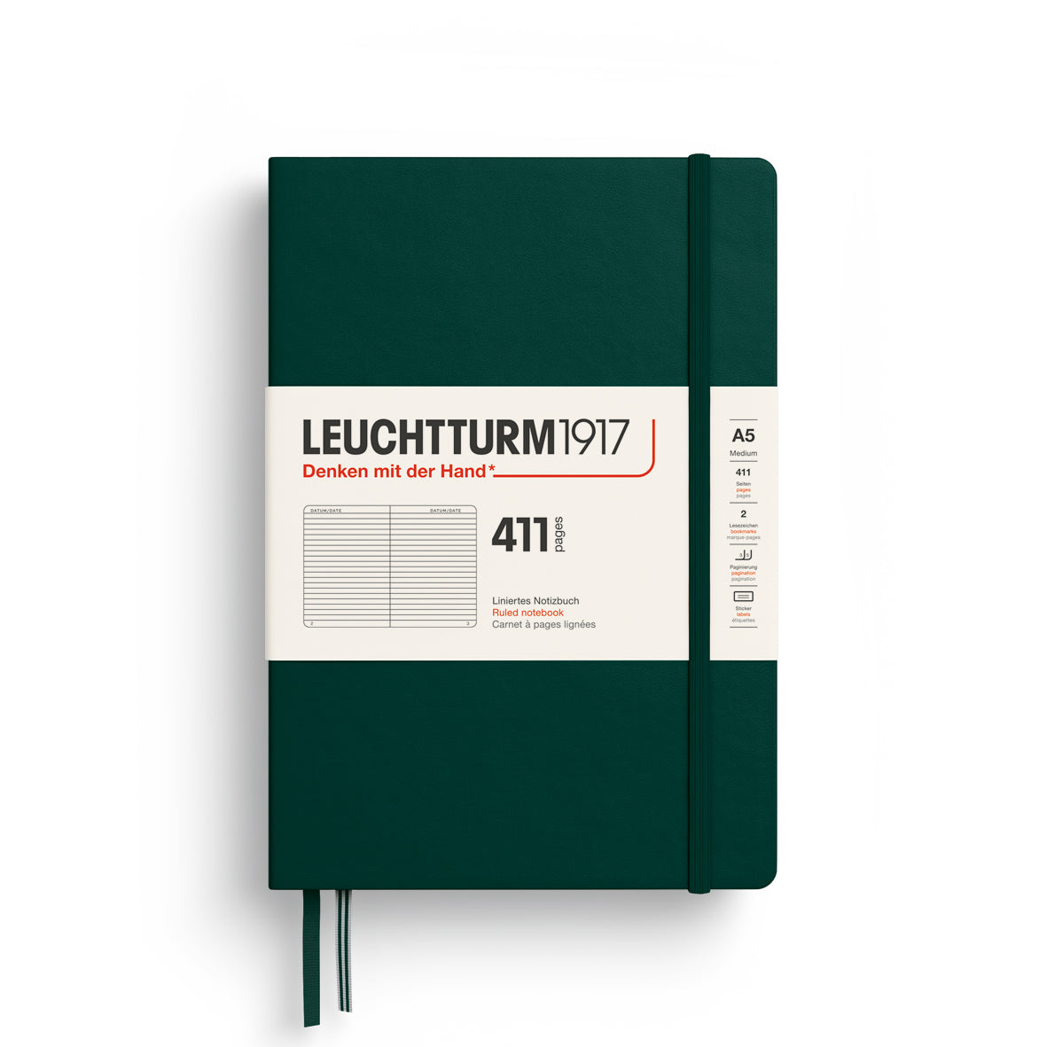 LEUCHTTURM1917 Notebook 411 Medium (A5) Hardcover in forest green with ruled inside ruling - penny black