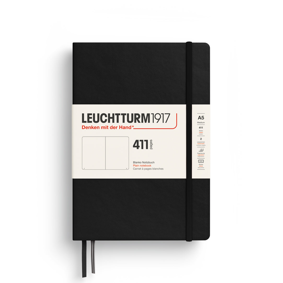 LEUCHTTURM1917 Notebook 411 Medium (A5) Hardcover in black with plain inside ruling - penny black