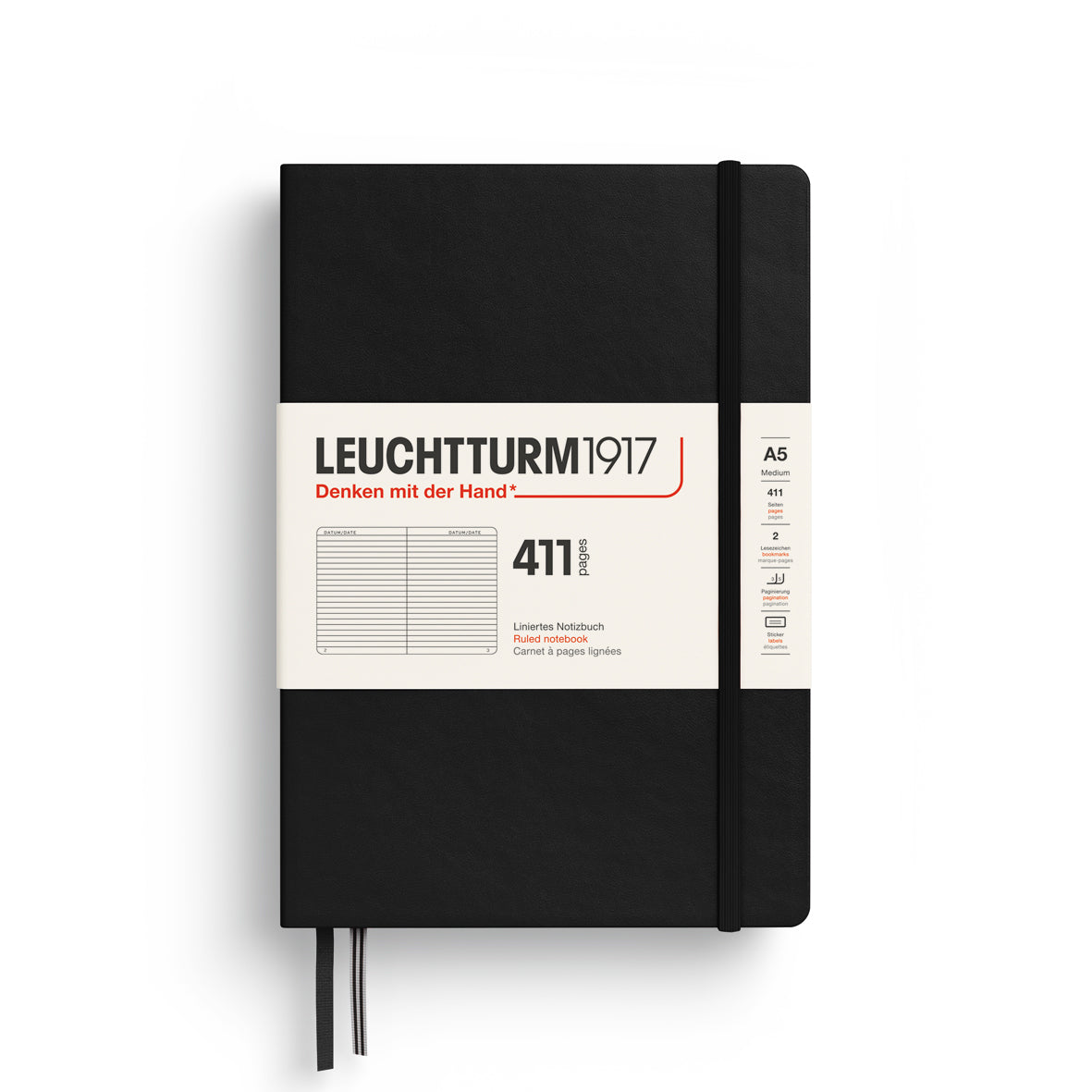 LEUCHTTURM1917 Notebook 411 Medium (A5) Hardcover in black with ruled inside ruling - penny black