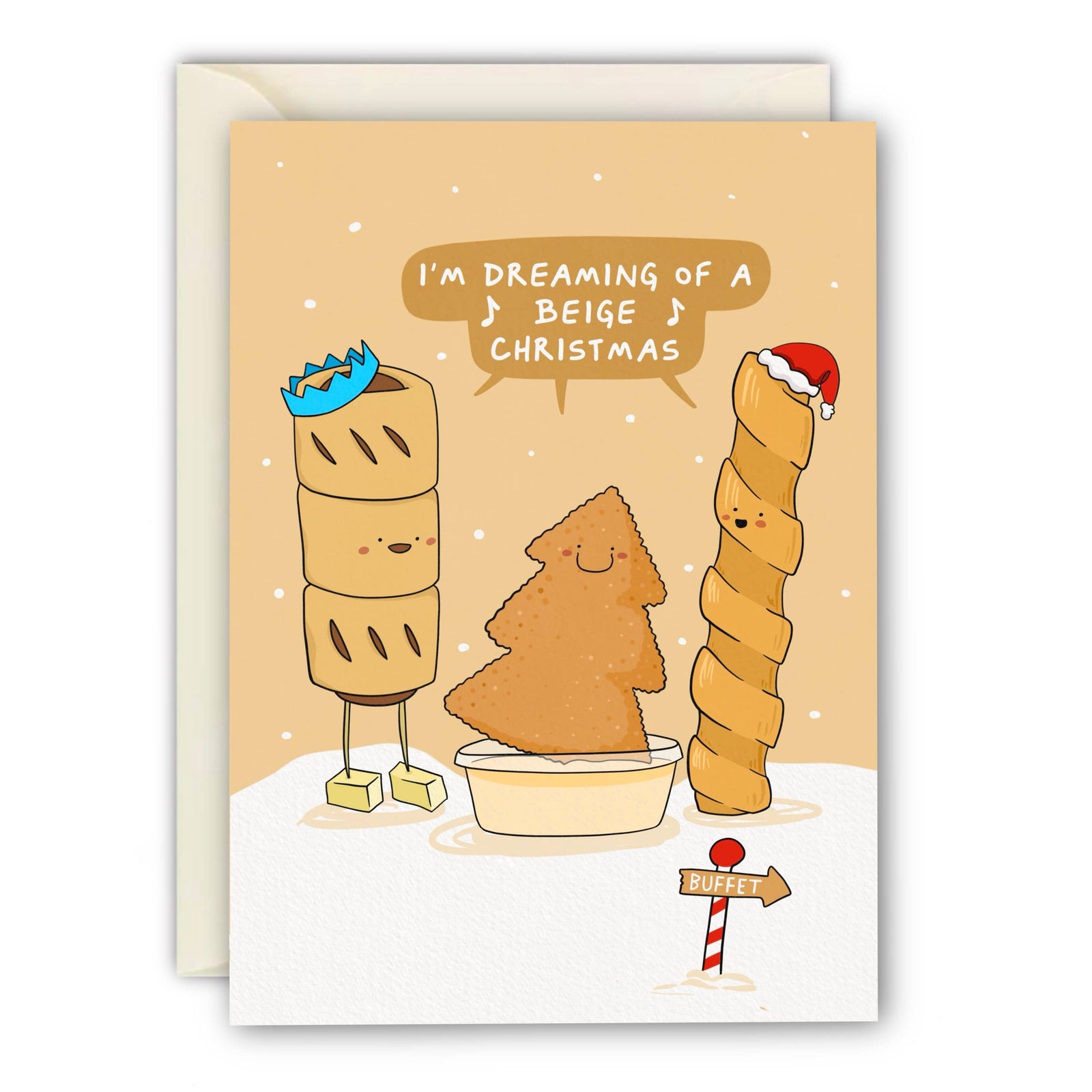 A Christmas greeting card featuring a beige background with cartoon pastry characters, a tree-shaped pastry in a bowl, a sausge roll and a twisted pastry wearing a Santa hat. A speech bubble reads, 'I'M DREAMING OF A BEIGE CHRISTMAS.