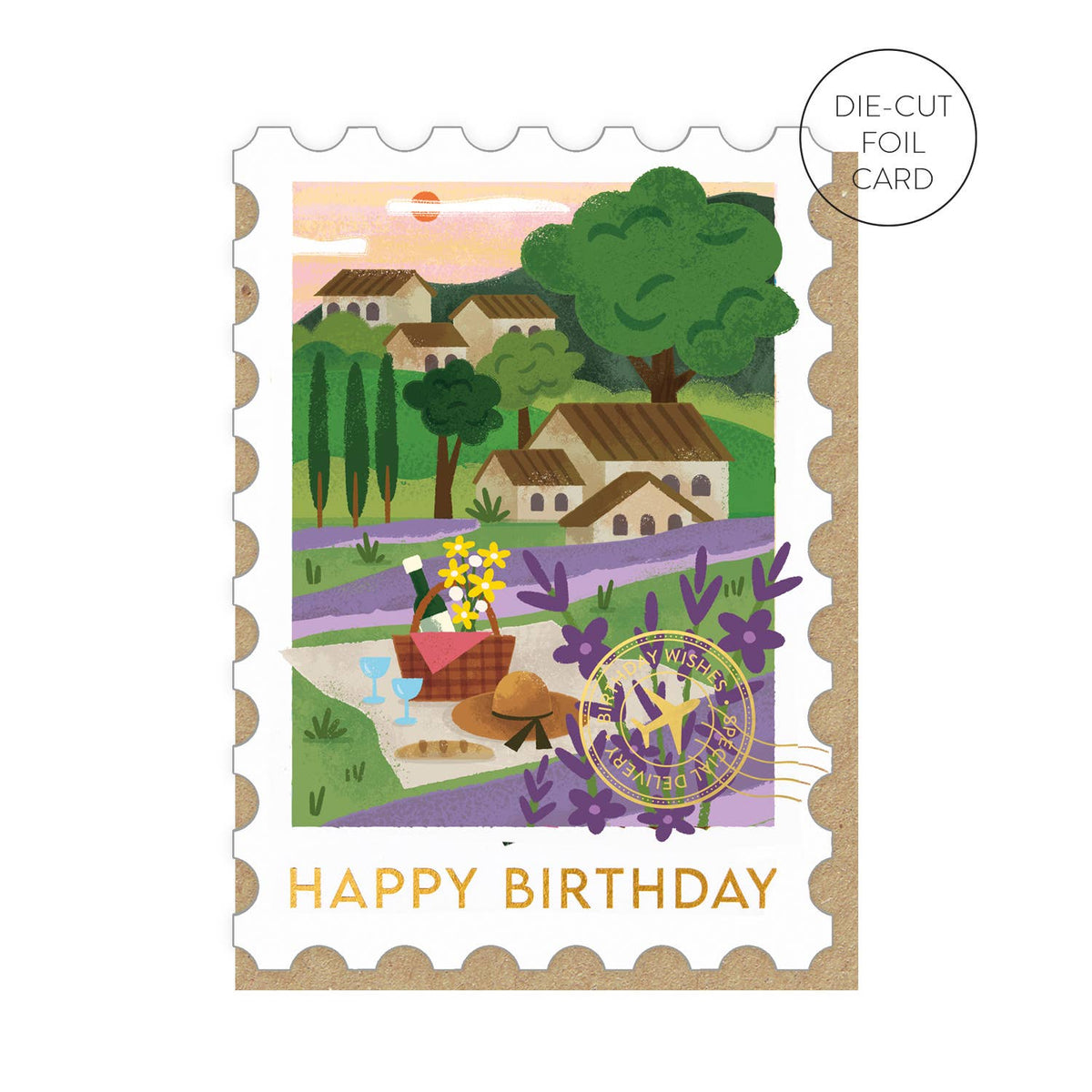 A die cut edge greetings card in the shape of a postage stamp featuring an illustration of the Provencal landscape. An envelope accompanies it.