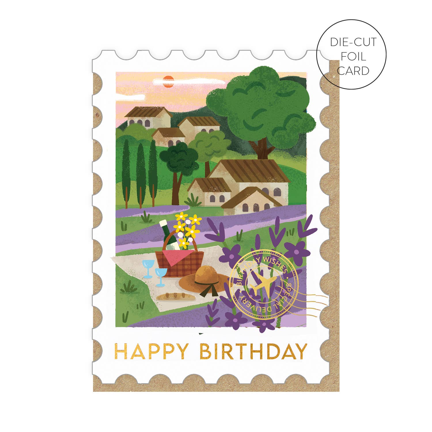 A die cut edge greetings card in the shape of a postage stamp featuring an illustration of the Provencal landscape. An envelope accompanies it.