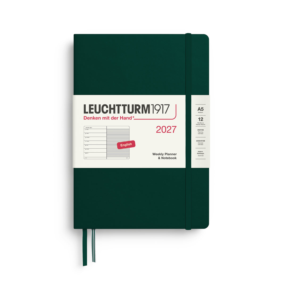 LEUCHTTURM1917 2027 Weekly Planner & Notebook - A5 Hard Cover lined ruling in forest green by penny black
