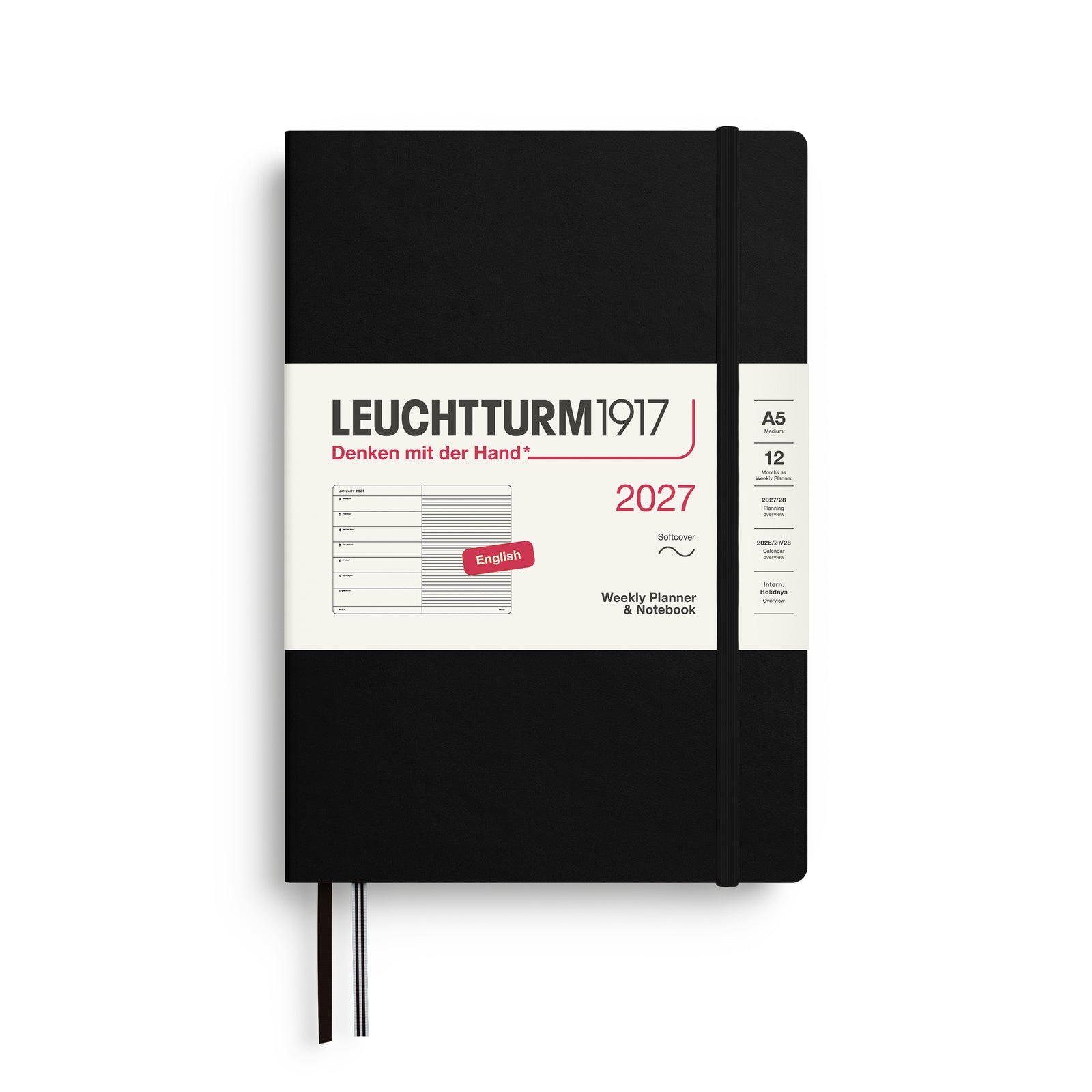 LEUCHTTURM1917 2027 Weekly Planner & Notebook - A5 Soft Cover - ruled in black at penny black