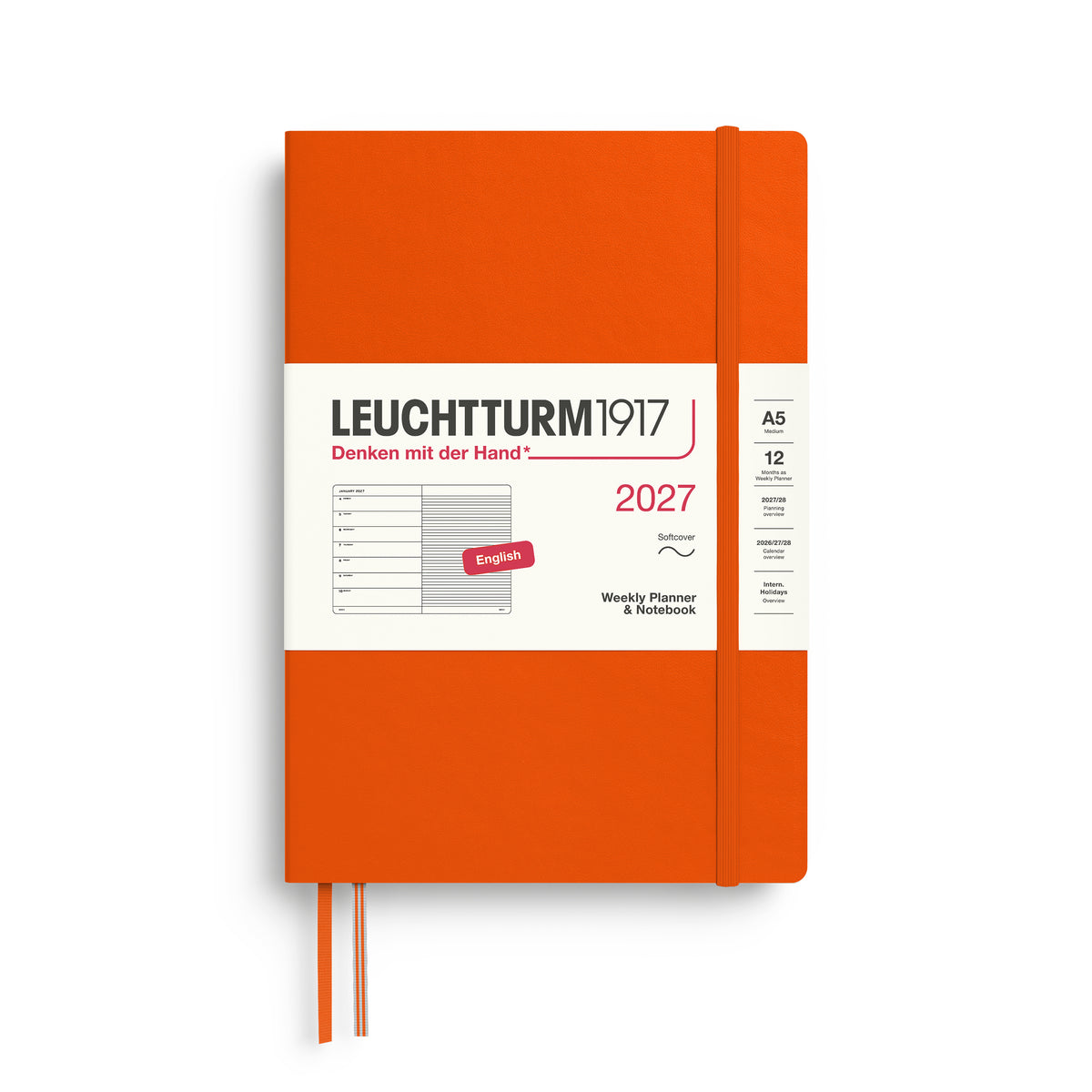 LEUCHTTURM1917 2027 Weekly Planner & Notebook - A5 Soft Cover - ruled in pumpkin at penny black