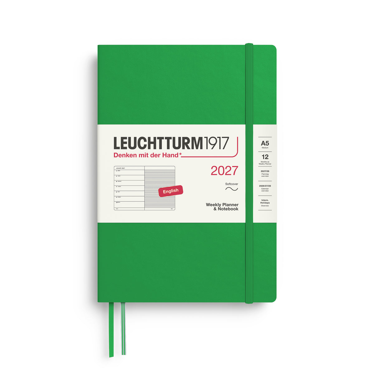 LEUCHTTURM1917 2027 Weekly Planner & Notebook - A5 Soft Cover - ruled in spring green at penny black