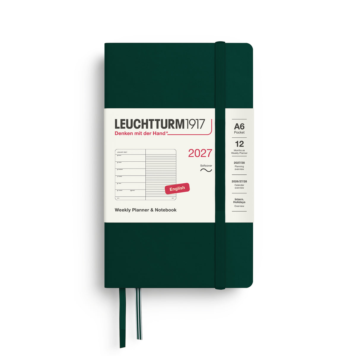 LEUCHTTURM1917 2027 Weekly Planner & Notebook - A6 Soft Cover - ruled in forest green at penny black