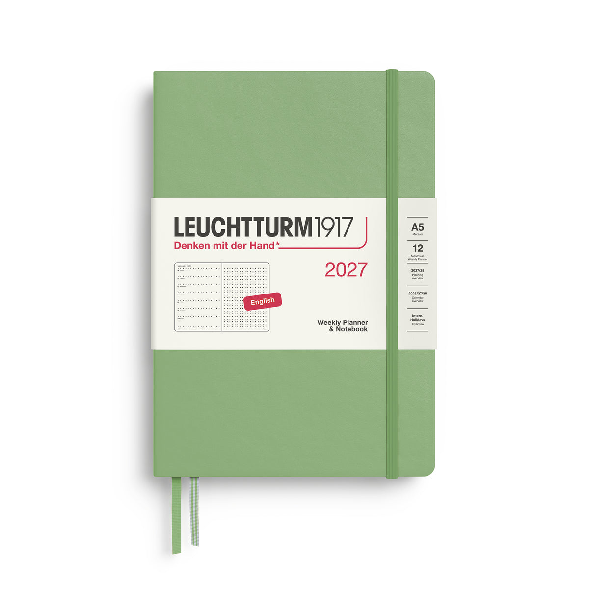 LEUCHTTURM1917 2027 Weekly Planner & Notebook - A5 Hard Cover dotted ruling in sage by penny black