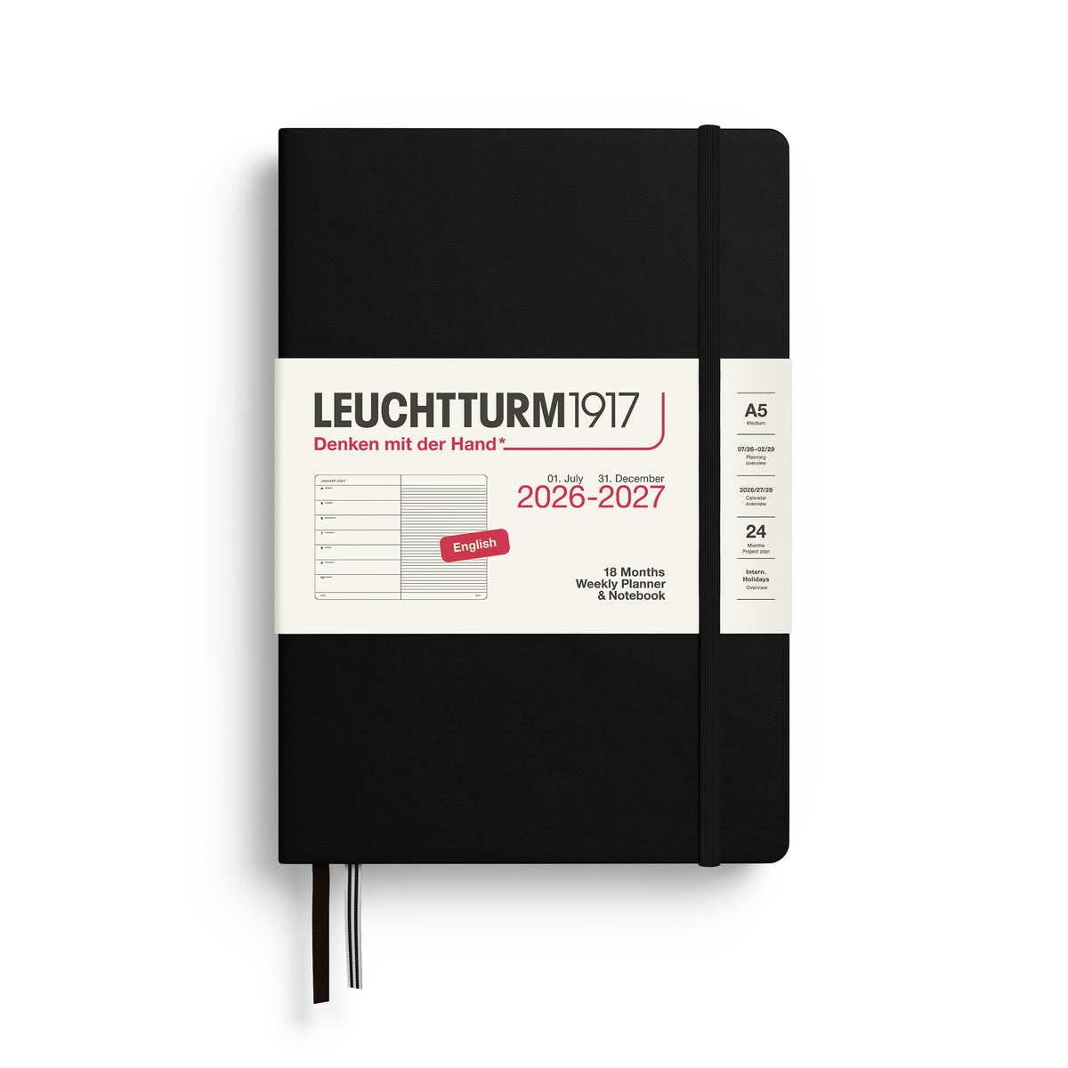 LEUCHTTURM1917 Weekly Planner & Notebook 18 Months Medium A5 2026/7 - black hard cover by penny black