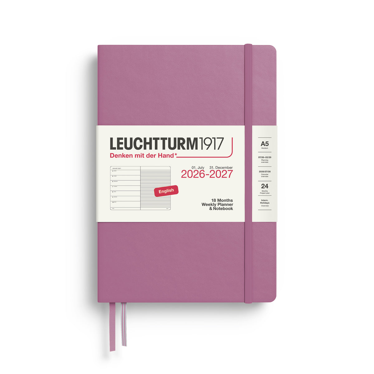 LEUCHTTURM1917 Weekly Planner & Notebook 18 Months Medium A5 2026/7 - dusty rose pink hard cover by penny black