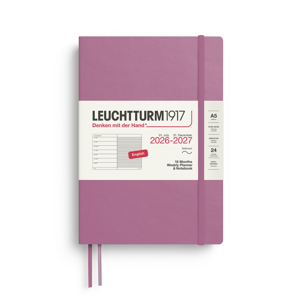 LEUCHTTURM1917 Weekly Planner & Notebook 18 Months Medium A5 2026/7 - dusty rose pink softcover by penny black