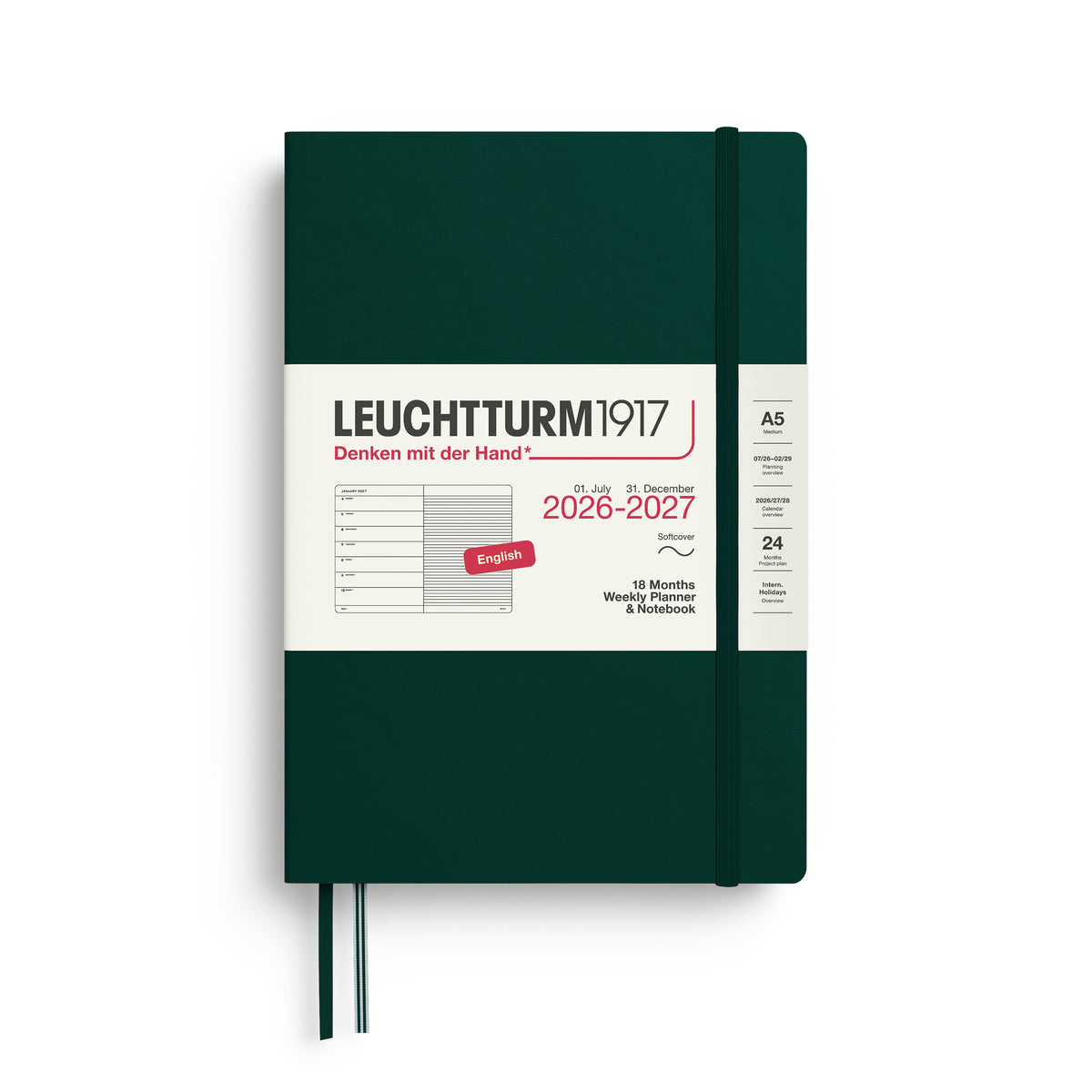 LEUCHTTURM1917 Weekly Planner & Notebook 18 Months Medium A5 2026/7 - forest green softcover by penny black