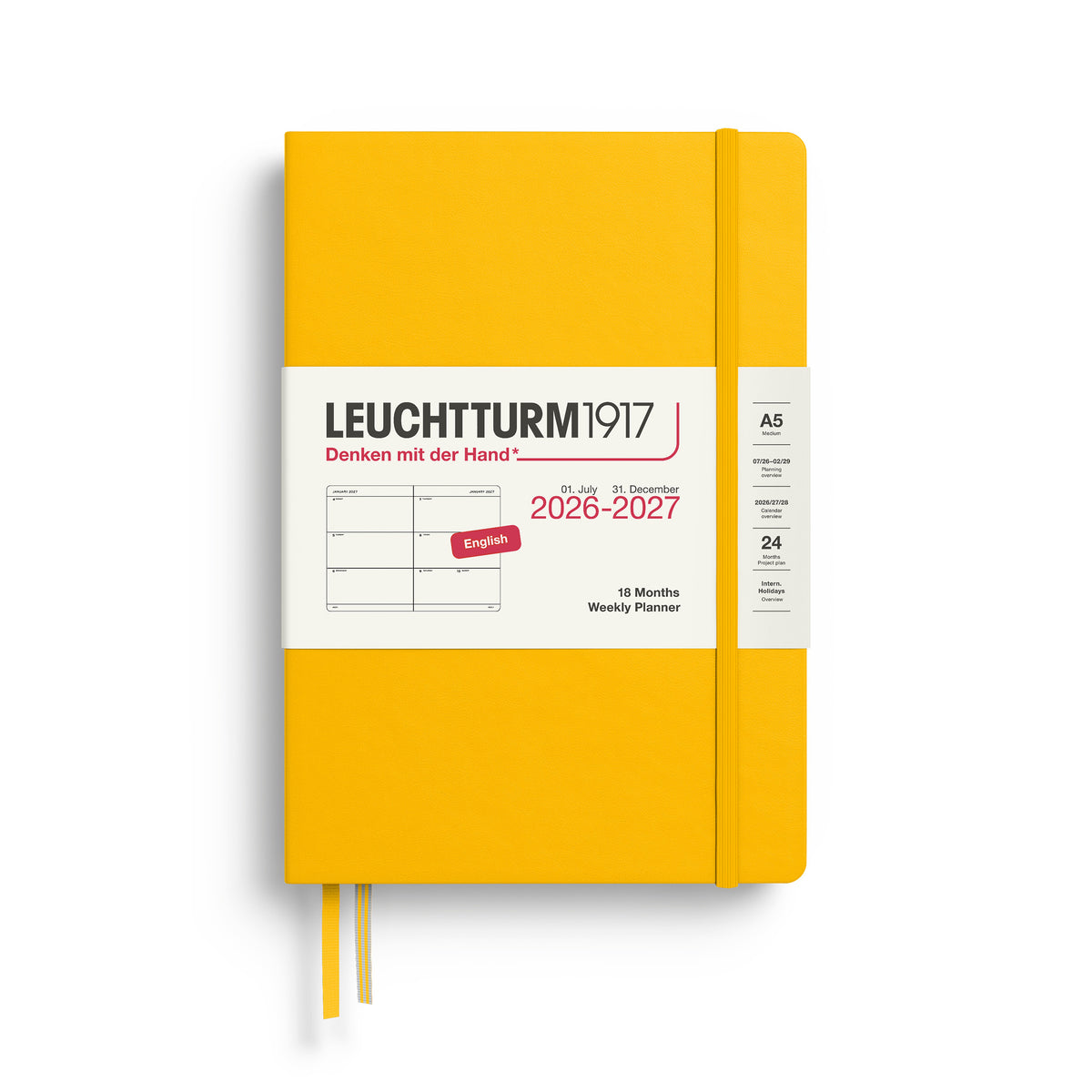 LEUCHTTURM1917 Weekly Planner 18 Months Medium A5 2026/7 in sunflower yellow at penny black
