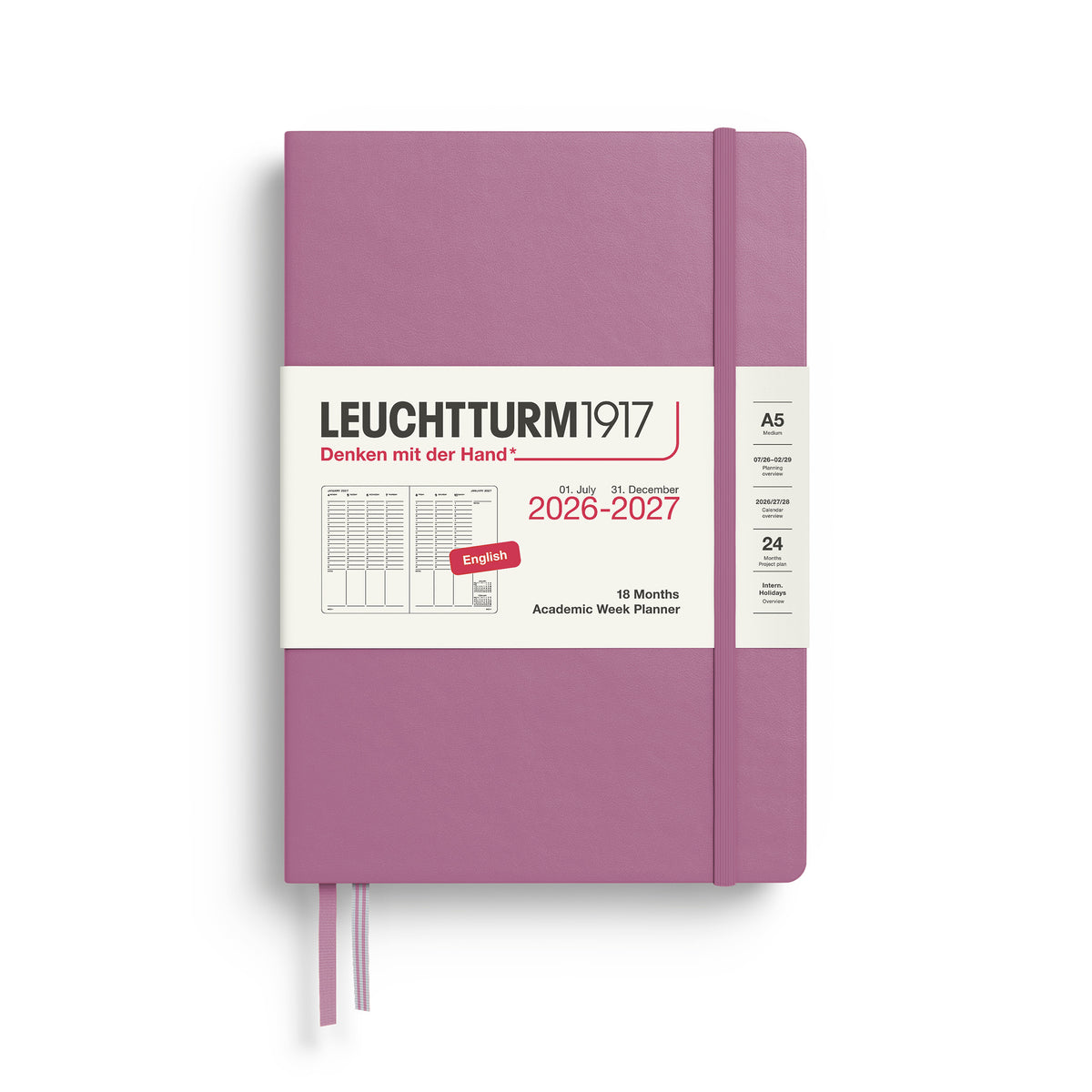 LEUCHTTURM1917 Academic Week Planner 18 Months 2026/7 shown in dusty rose by penny black